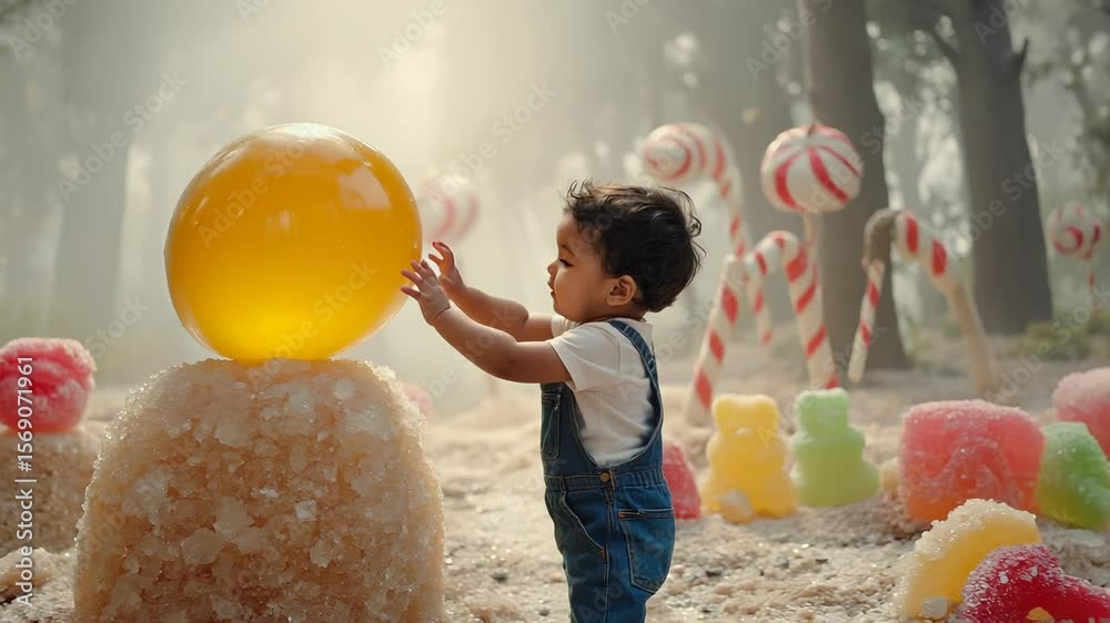 In a whimsical candy forest, a toddler boy gently touches a giant jellybean surrounded by vibrant peppermint trees and candies, creating a captivating dreamland
