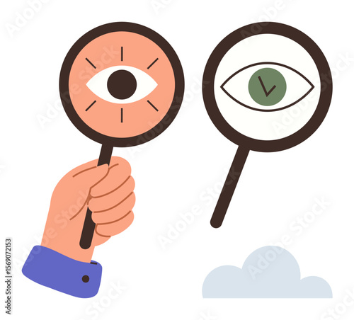 Open-eye lens with rays and green tick-eye lens held by hand. Ideal for inspection, evaluation, focus, analysis, vision, precision, approval themes. Simple flat metaphor
