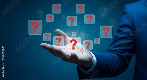 Businessman holding multiple question mark blocks in hand, symbolizing curiosity, problem-solving, and decision-making in work.