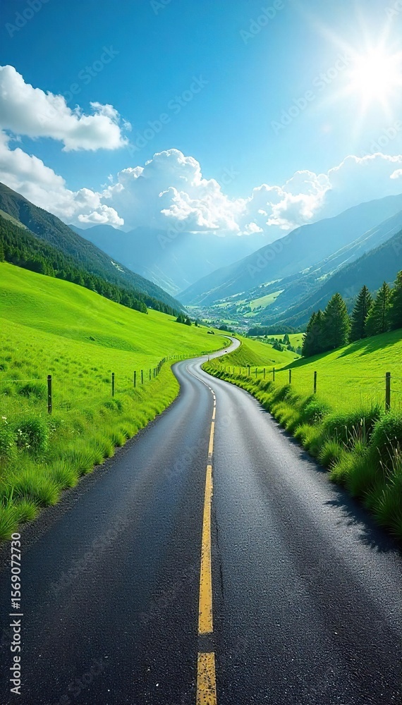 Fototapeta premium Winding Asphalt Road Through Vibrant Green Landscape, Sunny Sky, Perfect for Travel and Adventure Concepts