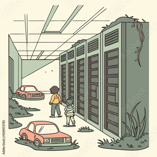 Two people stand in front of overgrown servers with cars in a deserted building with light green walls