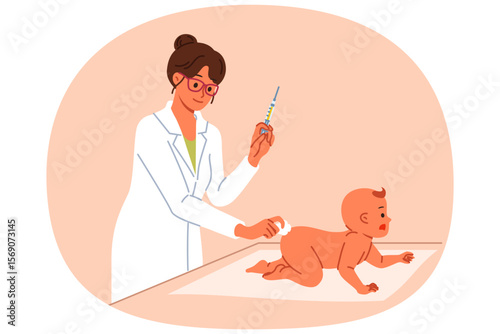 Woman pediatrician gives injection in butt of infant to preventively protect newborn from viruses. Pediatrician girl vaccinates small patient, holds syringe with medicine that improves immunity.
