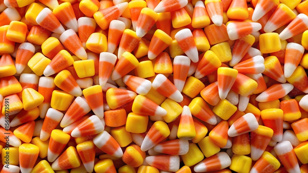 A vibrant close up overhead view of a large pile of colorful candy corn and pumpkin candies A vibrant close up overhead view of a large pile of colorful candy corn and pumpkin candies