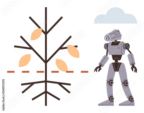 Futuristic robot near a stylized tree with detached elements, symbolizing AI interaction with nature. Ideal for technology, innovation, sustainability, environment, artificial intelligence, ecology