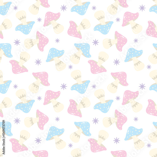Pastel-tone mushrooms on a white background. Autumn seamless pattern for clothing, fabric, wallpaper, backdrop, home decoration, cover book, and wall art.