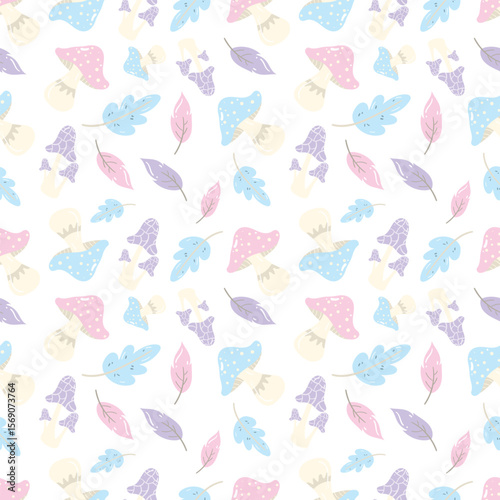 Pastel-tone mushrooms and leaves on a white background. Autumn seamless pattern for clothing, fabric, wallpaper, backdrop, home decoration, cover book, and wall art.