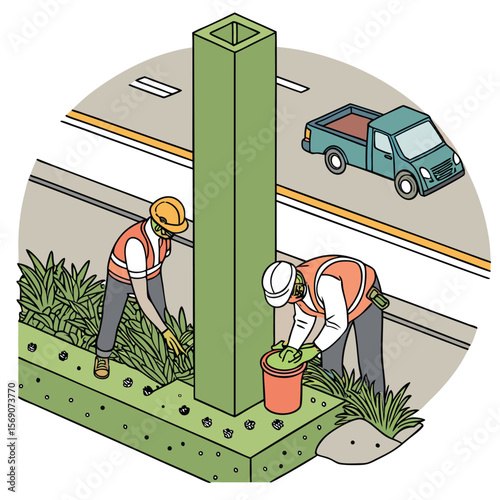 Two workers planting near a green pillar with a truck driving on the road in the background scene view
