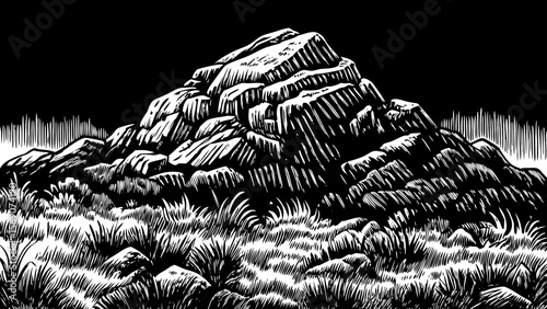 rocky mountain with sparse grass patches and hardy shrubs adapted to high elevation a black and white line art illustration