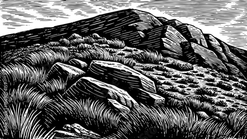 rocky mountain with sparse grass patches and hardy shrubs adapted to high elevation a black and white line art illustration
