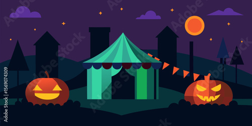 Halloween night illustration: haunted house silhouette with pumpkins, bats, and moonlit sky
