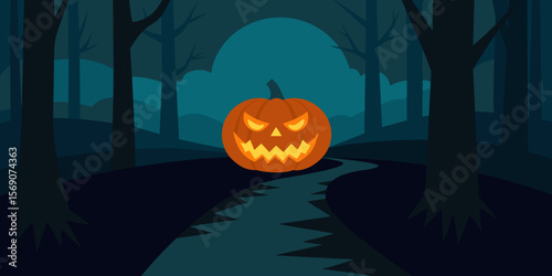 Orange Halloween pumpkin with scary face, bats, and a dark, spooky autumn night background