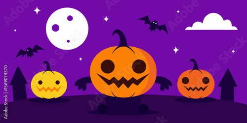 Spooky Halloween night background with scary jack-o'-lantern pumpkins and bats, perfect for an October autumn celebration
