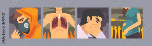 Environmental Pollution and Air Contamination with Suffering People Vector Poster Set
