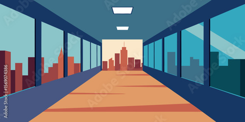 Long, empty building corridor with modern architectural design, offering a perspective of a city hall or office interior