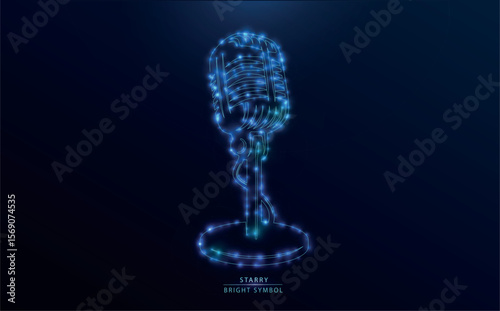 Glowing neon podcast microphone on dark background. Trendy digital illustration symbolizing modern online broadcasting, streaming, and social media content creation. Perfect for tech or audio-related 