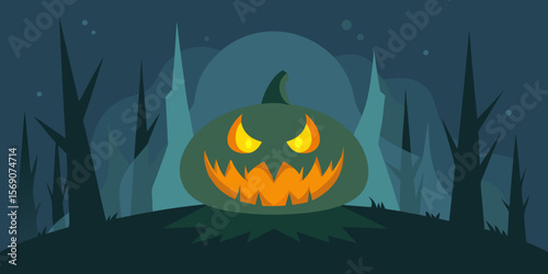 Horror Halloween pumpkin glowing orange in the dark night with spooky bats and a crescent moon, a scary autumn celebration illustration