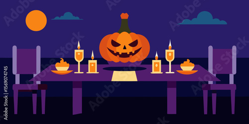 Spooky Halloween night with orange pumpkins, a crescent moon, and bats for a scary autumn celebration design