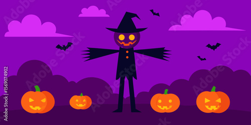 Spooky Halloween night vector illustration with pumpkins, a witch hat, and bats against a dark, moonlit sky