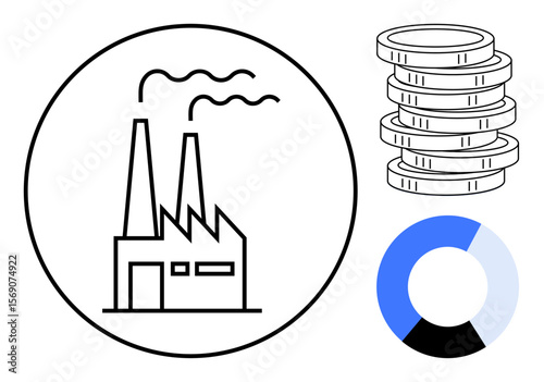 Factory emitting smoke, stacked coins, and pie chart convey economy, finance, business strategy, productivity, manufacturing, sustainability, and market analysis concepts in simple flat metaphor