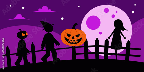 Spooky Halloween night with a scary pumpkin, haunted house, and bats against an autumn moonlit sky, perfect for a fun October celebration vector illustration
