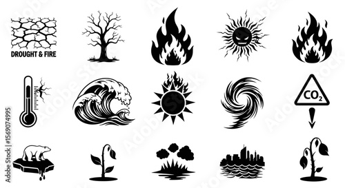 Climate change icon set with global warming, and vector.