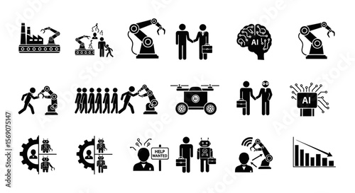 Automation AI icons with technology, robotics, and jobs.