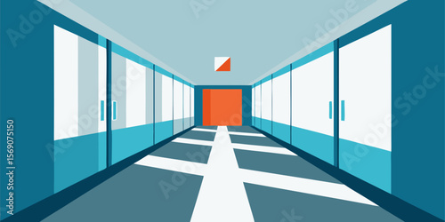A long, empty office corridor with modern design and light from a distant window
