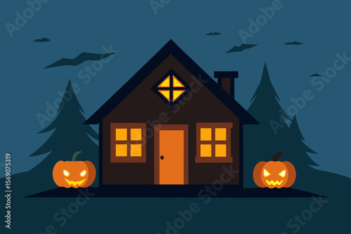 Here's a spooky Halloween house illustration with glowing pumpkin windows against a dark, star-filled night sky