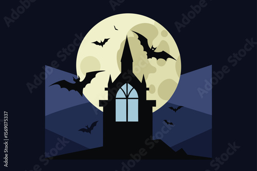 Spooky Halloween night with a haunted house, full moon, and flying bats silhouette vector illustration