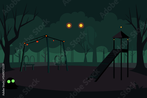 Spooky Halloween night city street scene with a dark sky, illuminated by the moon and eerie green light from wind turbines, casting silhouettes of trees and a haunted house