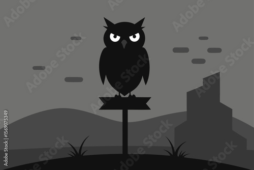 A spooky cartoon vector illustration of a black owl on a tree branch under a moonlit night, perfect for a Halloween design