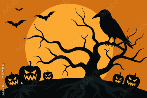 Autumn night vector illustration with a spooky Halloween tree silhouette, bats flying across an orange moonlit sky, and pumpkins in the foreground