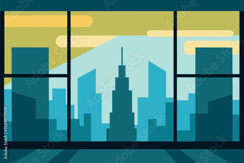 Urban cityscape at sunset and night with modern skyscraper architecture, perfect for business and finance designs