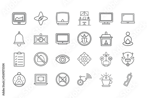 Digital Detox and Focus Habits Icon Set – Mindful Technology Use Screen Time Balance Productivity Wellness and Disconnection Symbols