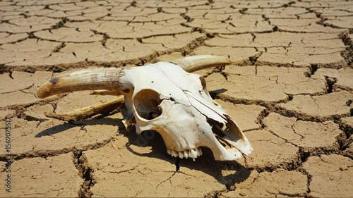 Sun-bleached animal skull lies on dry cracked earth, evoking themes of drought, extinction and climate crisis