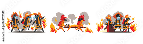 Man Firefighter Character in Uniform with Firefighting Equipment Vector Set