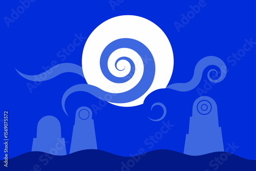 An artistic vector illustration of a snail on a moonlit road, featuring a spiral design with blue hues and subtle wave patterns