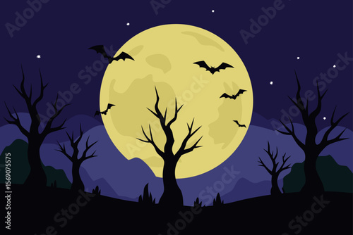 Spooky Halloween night landscape with a full moon, silhouetted tree, and bats flying across a star-filled sky