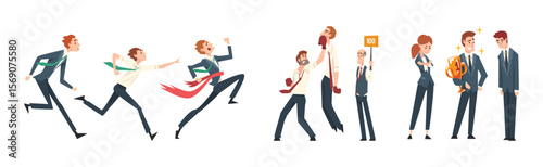 Male Business Employee Character Engaged in Leadership Competition Vector Set