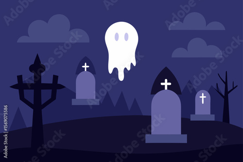 A dark Halloween night vector illustration of a cemetery with a silhouette of a city, trees, and people under the moonlit sky