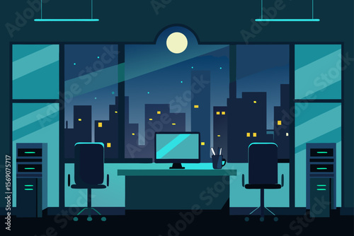 Night city scene vector illustration with an empty office room interior showcasing modern building architecture and city lights through the window