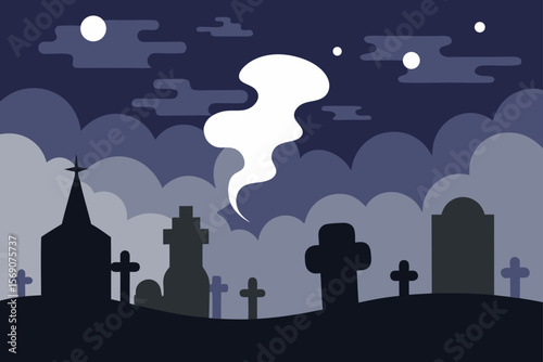 Spooky Halloween Night Graveyard Scene with Ghostly Moon and Church