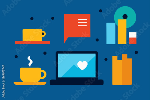 Modern flat design icon set for business, featuring a laptop, coffee cup, and essential office technology symbols