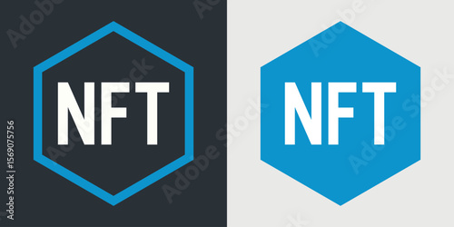 NFT logo inside hexagon shape on light and dark background. Vector icon.