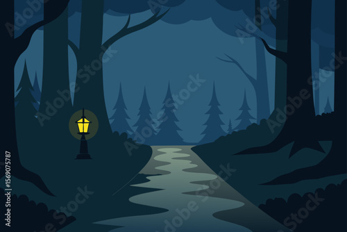 Enigmatic Night Forest Path A Serene, Dark Woods River Scene Illustration