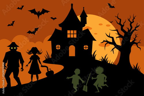 Spooky Halloween night with a haunted house, a full moon, and bats silhouetted against the dark sky, featuring a scary pumpkin and a witch