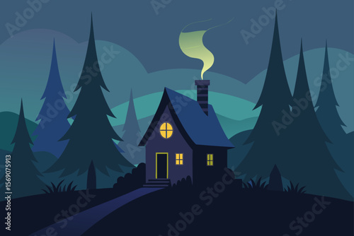 Secluded Cabin in the Woods Nighttime Forest Haven Illustration
