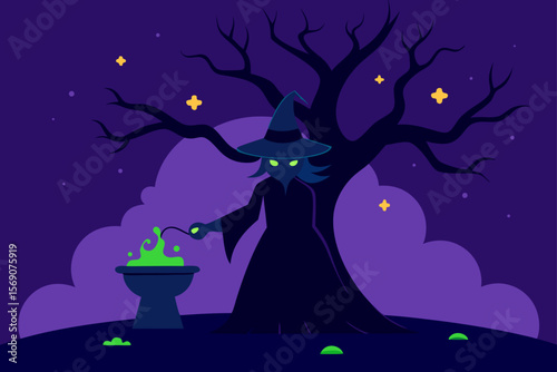 Mystical Halloween Witch Brewing Potion Under Spooky Tree