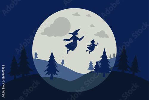A captivating vector illustration of a Christmas night winter landscape with a bright moon, snow-covered trees, and twinkling stars in the dark blue sky, hinting at Santa's sleigh