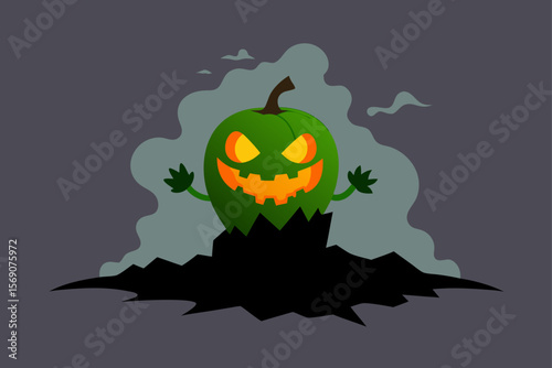 Horror pumpkin lantern illustration with bats and moon on a dark October night